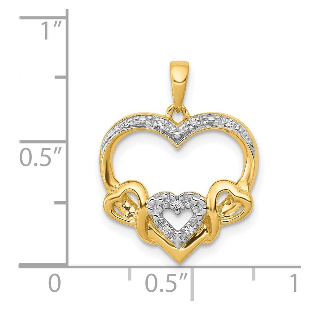 14k Yellow Gold .03ct. Diamond and Rhodium Heart 3 Smaller Hearts Pendant