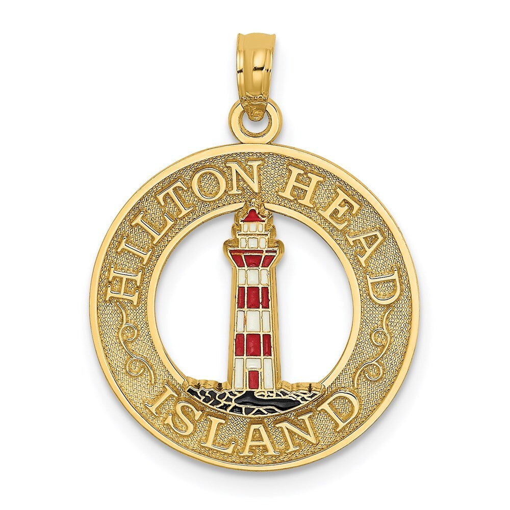 14k Yellow Gold HILTON HEAD Enamel Lighthouse Circle Charm Pendant for Women