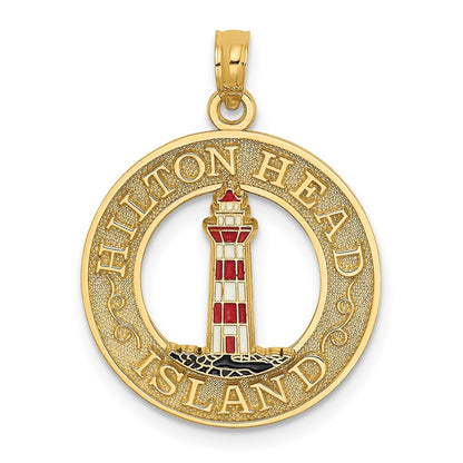 14k Yellow Gold HILTON HEAD Enamel Lighthouse Circle Charm Pendant for Women