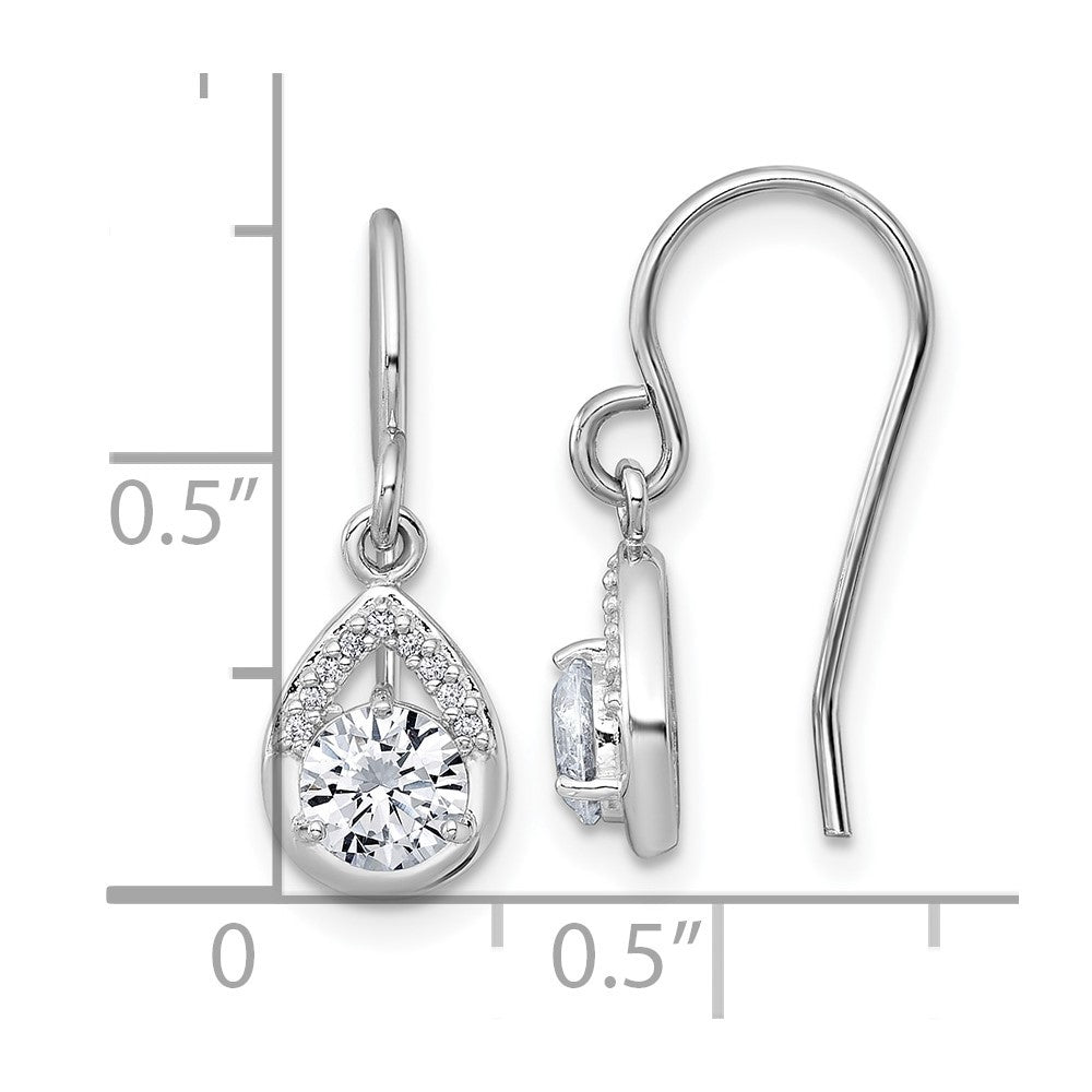 Sterling Silver Polished Round CZ Teardrop Dangle Shepherd Hook Earrings