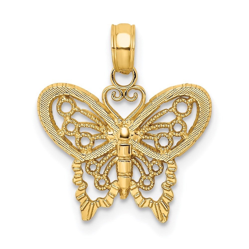 14k Yellow Gold Polished and Textured Filigree Butterfly Charm