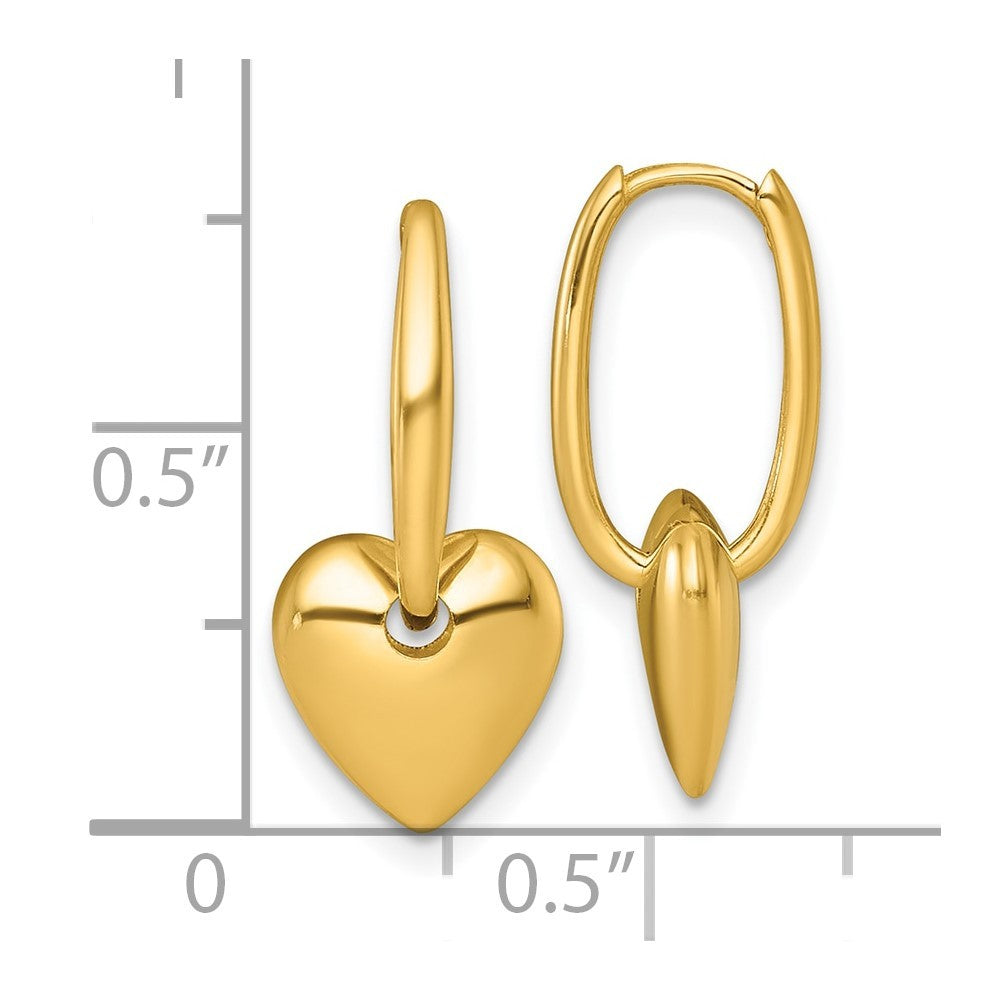 14k Yellow Gold Polished Dangle Puffed Heart Hinged Hoop Earrings