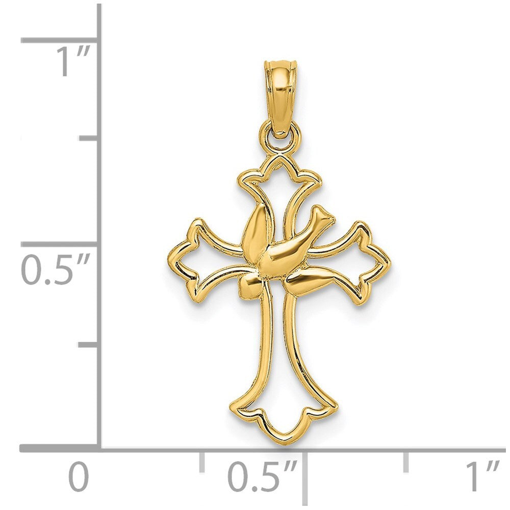 14k Yellow Gold Cut-Out Dove Center Cross Charm Pendant for Women