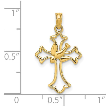 14k Yellow Gold Cut-Out Dove Center Cross Charm Pendant for Women