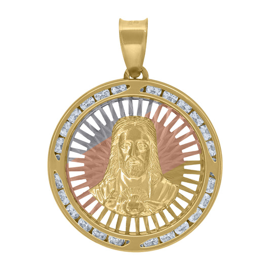 10k Tri-Color Gold CZ Diamond-Cut Sacred Heart Of Jesus Religious Pendant