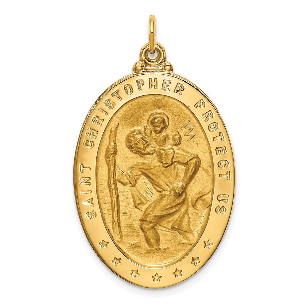 14k Yellow Gold Solid Polished Satin Large Oval St. Christopher Medal