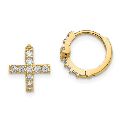 14k Yellow Gold Polished Cubic Zirconia Cross Hinged Hoop Earrings