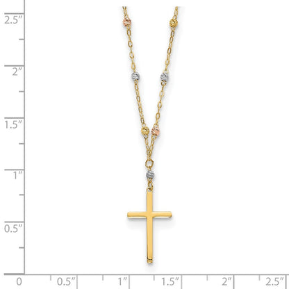 14k Tri-color Diamond-cut Beaded Chain Necklace with  Cross Pendant 17" Necklace