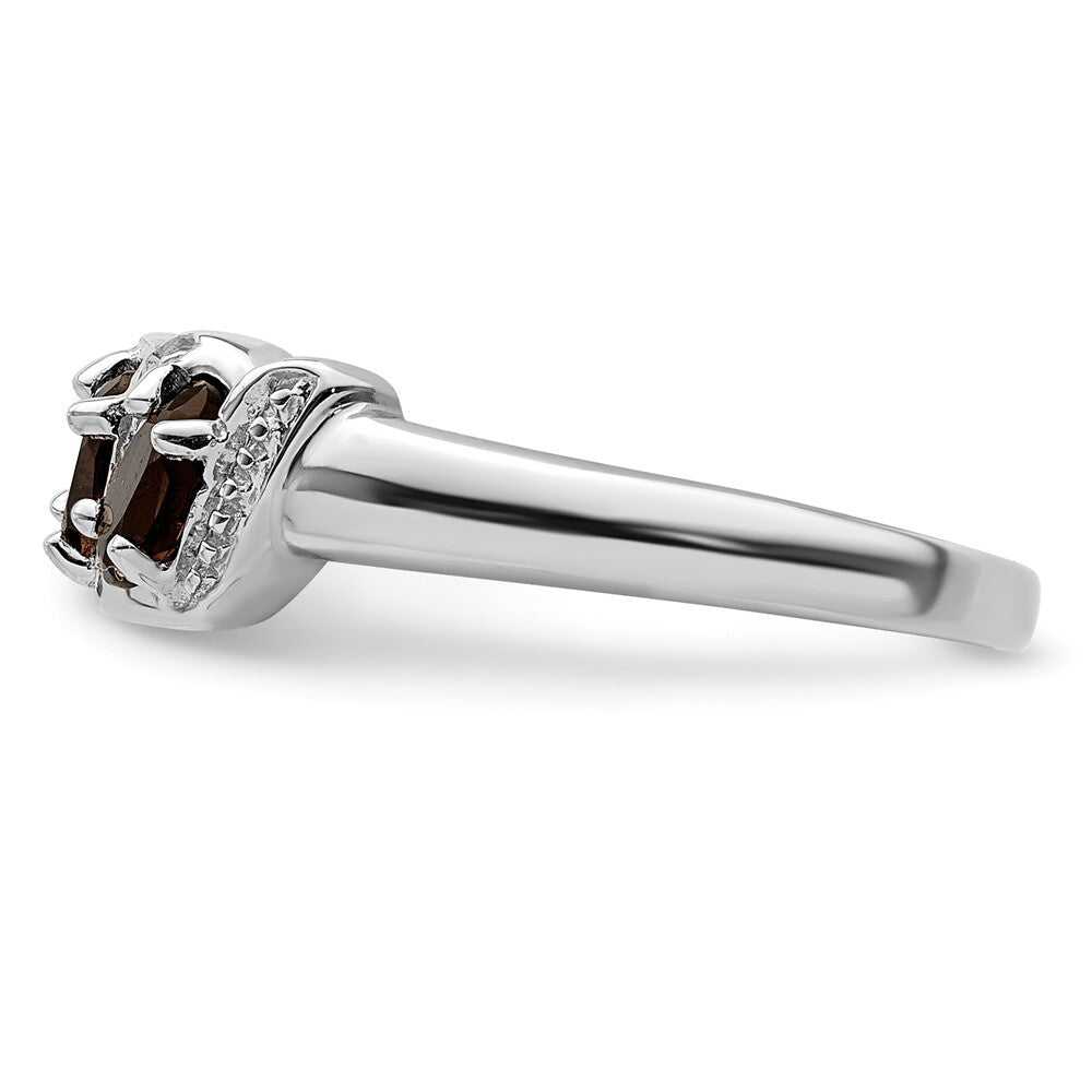 Sterling Silver Rhodium 3 Stone Smoky Quartz & Diamond Ring Size 6