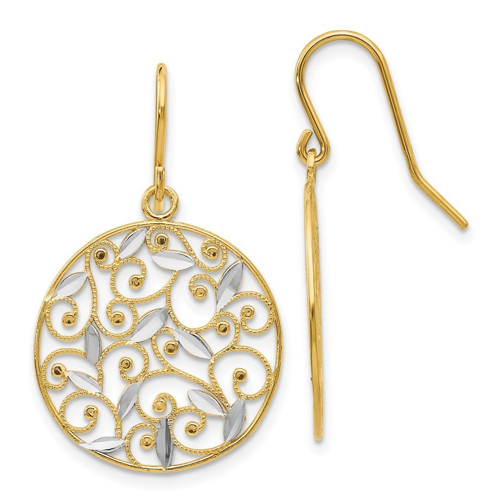 14k Yellow Gold and Rhodium Diamond-cut Filigree Circle Wire Earrings