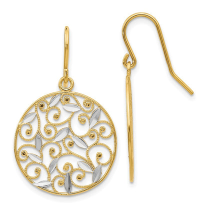 14k Yellow Gold and Rhodium Diamond-cut Filigree Circle Wire Earrings