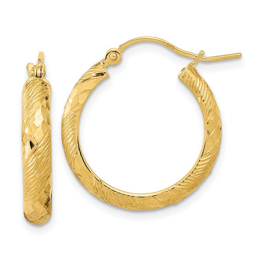 14k Yellow Gold Polished and Textured Diamond-Cut Fancy Pattern Hoop Earrings
