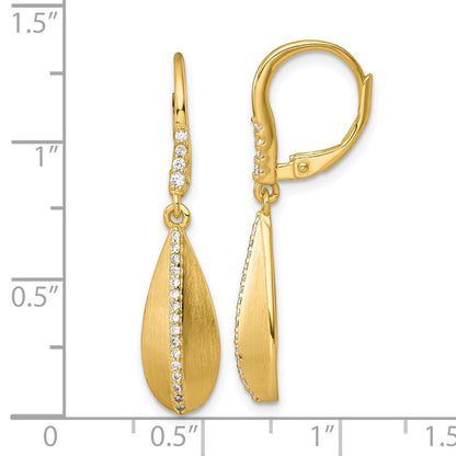 Sterling Silver Brushed Polished Cubic Zirconia Teardrop Dangle Earrings