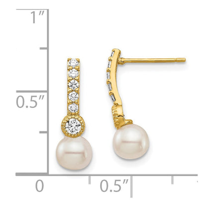 14k Yellow Gold 6mm Semi-round Cultured Pearl Cubic Zirconia Drop Stud Earrings