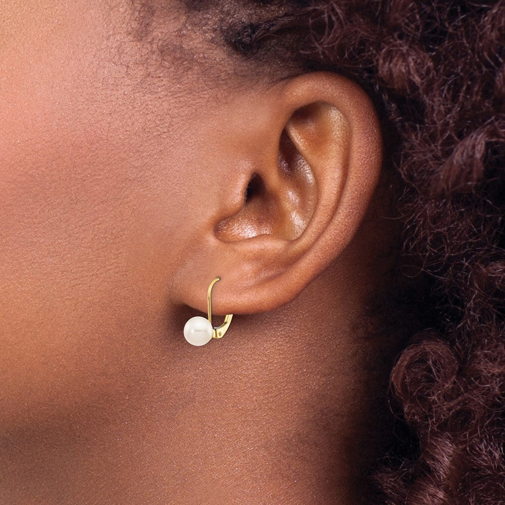 14k Yellow Gold 6mm White Akoya Saltwater Cultured Pearl Dangle Earrings
