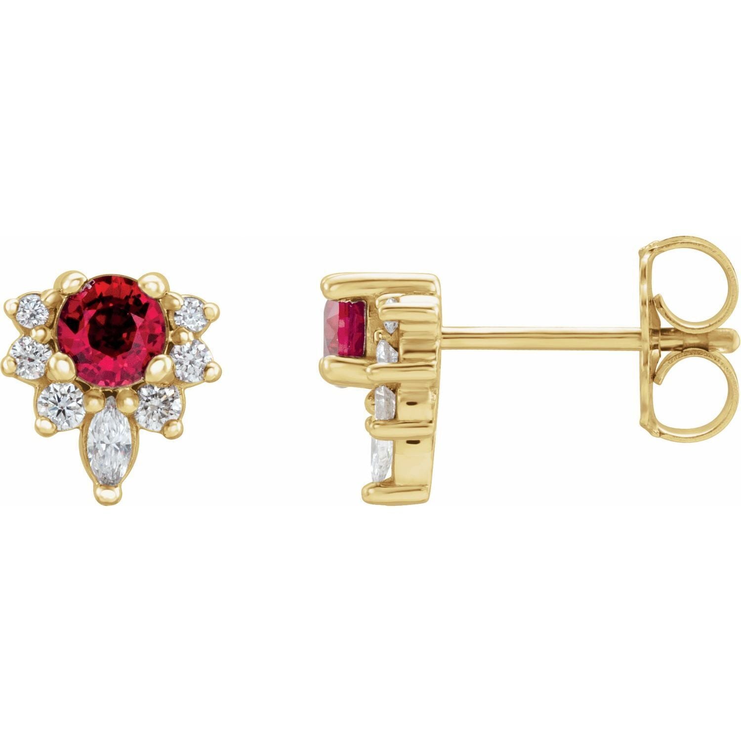 14k Yellow Gold Lab-Grown Ruby and 1/6 CTW Natural Diamond Stud Earrings