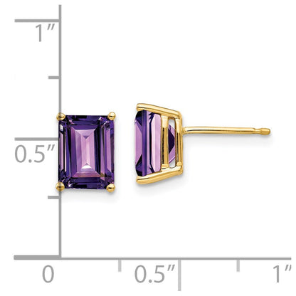 14k Yellow Gold 8x6mm Emerald Cut Amethyst Stud Earrings Gift for Women