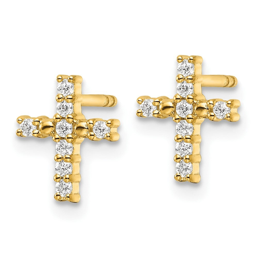 14k Yellow Gold Polished Diamond Cross Earrings