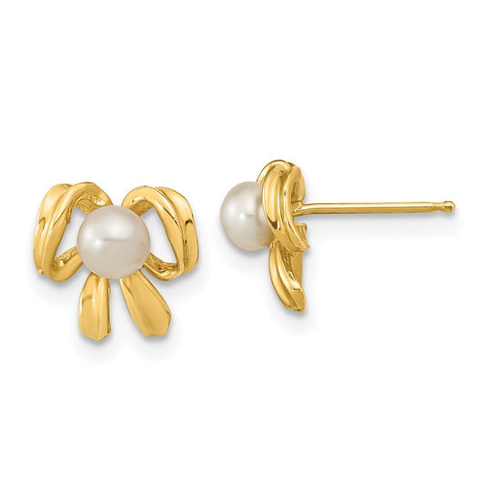 14k Yellow Gold 3-4mm White Button Freshwater Cultured Pearl Bow Stud Earrings