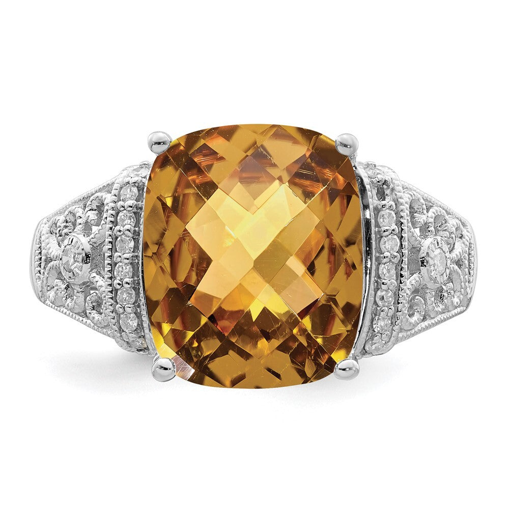 Sterling Silver Rhodium Diamond & Checker-Cut Whiskey Quartz Ring Size 7