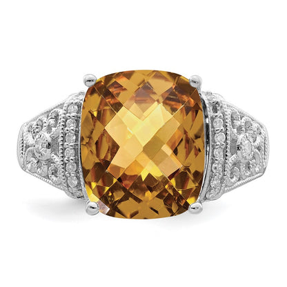 Sterling Silver Rhodium Diamond & Checker-Cut Whiskey Quartz Ring Size 7