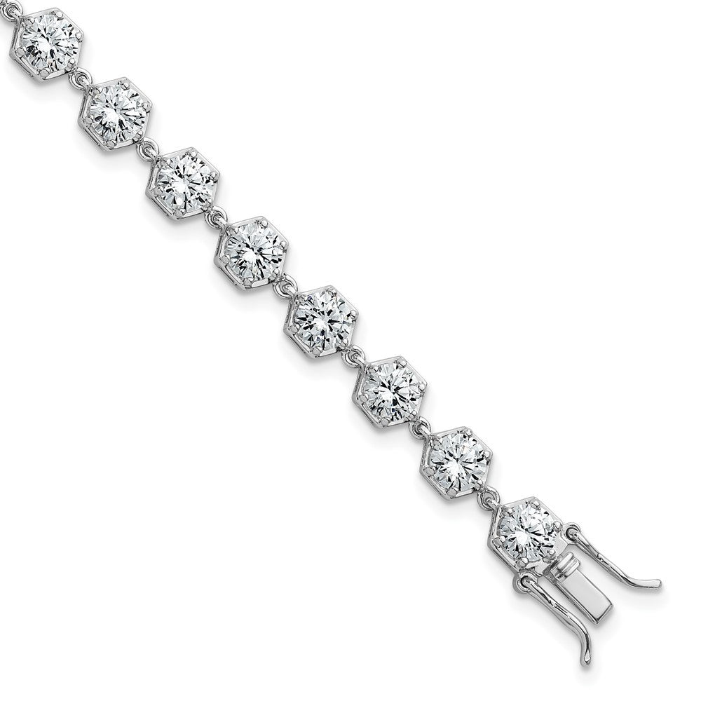 Sterling Silver Rhodium-plated Polished Round CZ in Hexagon Setting 8" Bracelet