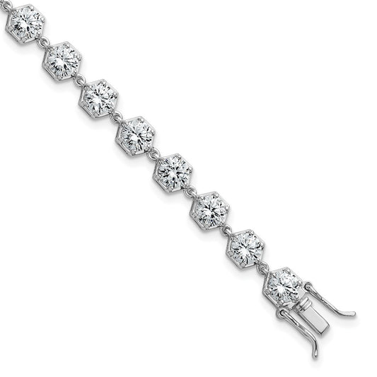 Sterling Silver Rhodium-plated Polished Round CZ in Hexagon Setting 8" Bracelet