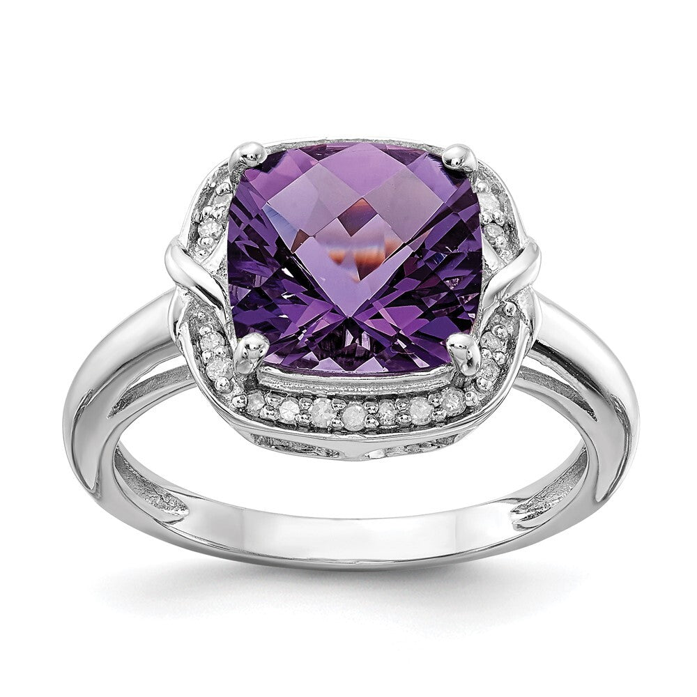 Sterling Silver Rhodium-plated Diamond & Checker-Cut Amethyst Ring Size 8