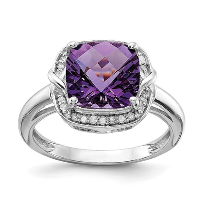 Sterling Silver Rhodium-plated Diamond & Checker-Cut Amethyst Ring Size 8