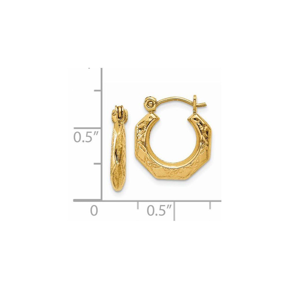 14k Yellow Gold Polished Patterned Hollow Hoop Earrings Gift for Women