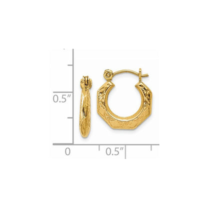 14k Yellow Gold Polished Patterned Hollow Hoop Earrings Gift for Women