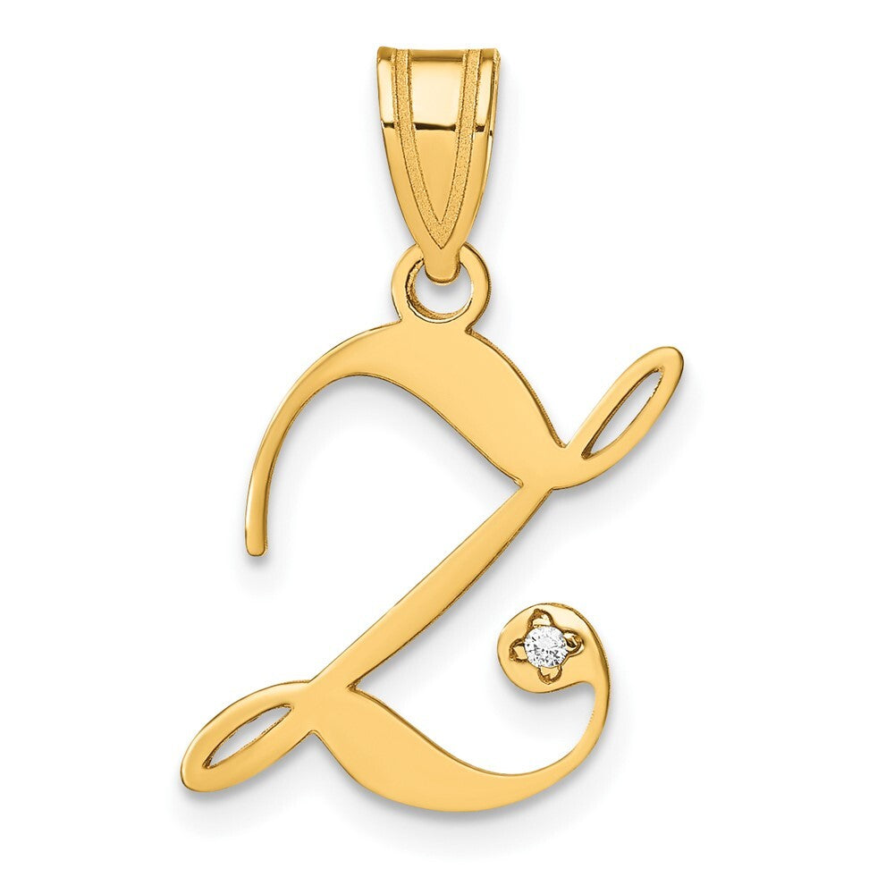 14k Yellow Gold Script Letter Z Initial Pendant with Diamond for Women