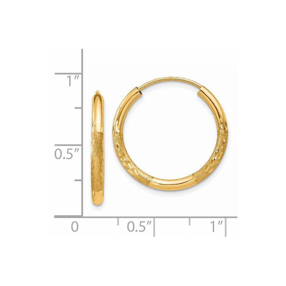 14k Yellow Gold 2mm Satin Diamond-cut Endless Hoop Earrings Gift for Women