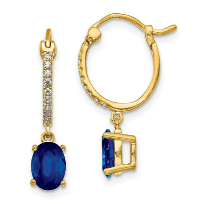 14k Yellow Gold 1/10ct Diamond and Sapphire Dangle Hoop Earrings