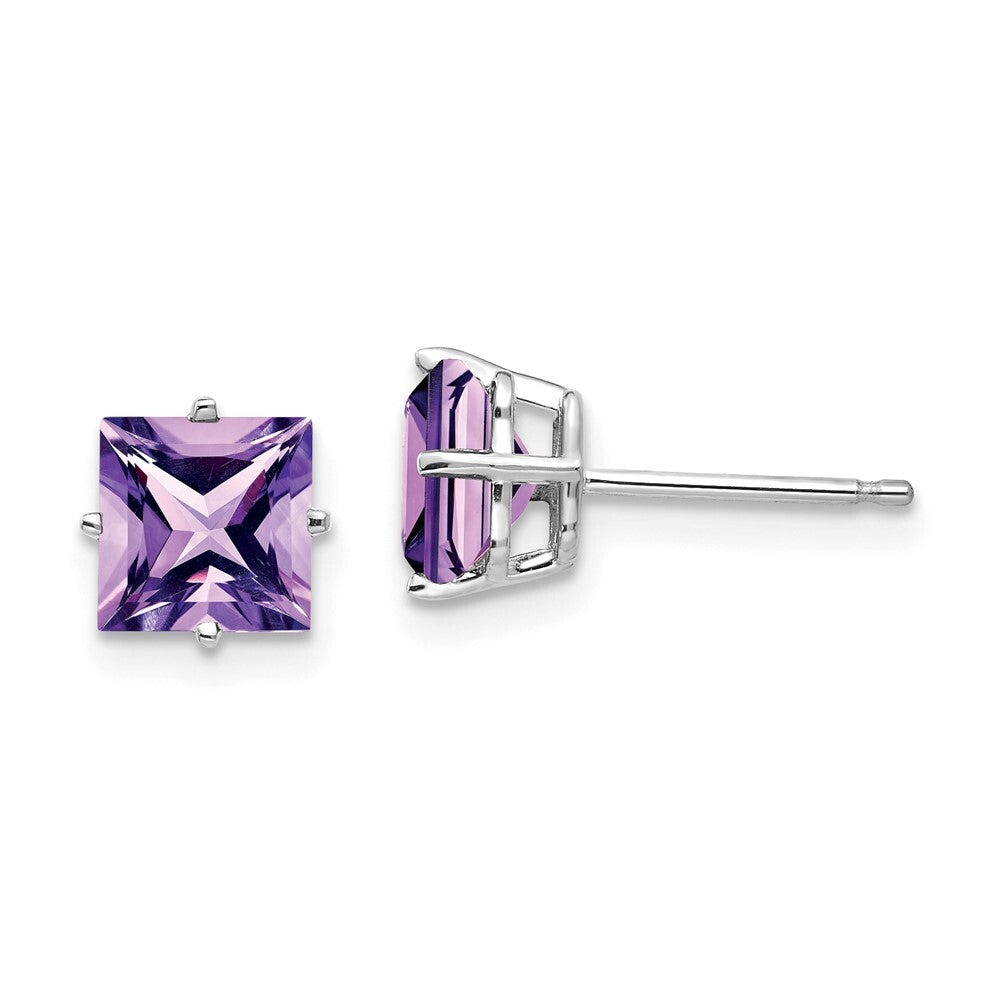 14k White Gold 6mm Princess Cut Amethyst Stud Earrings Gift for Women