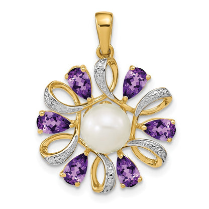 14k Yellow Gold Diamond and 6-7mm Button FWC Pearl/Amethyst Pendant for Women