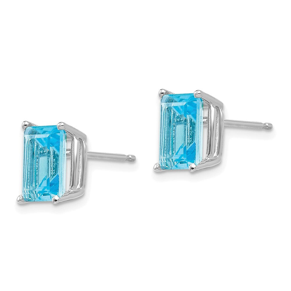 14k White Gold 8x6mm Emerald Cut Blue Topaz Stud Earrings Gift for Women