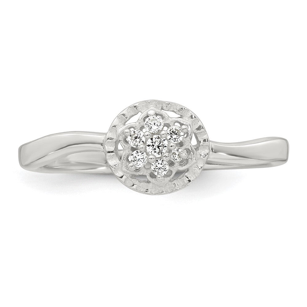 Sterling Silver Polished and Grooved CZ Flower Ring Size 7
