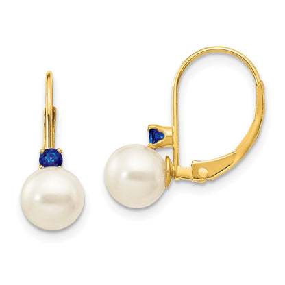 14k Yellow Gold 6-6.5mm Round FW Cultured Pearl Sapphire Leverback Earrings