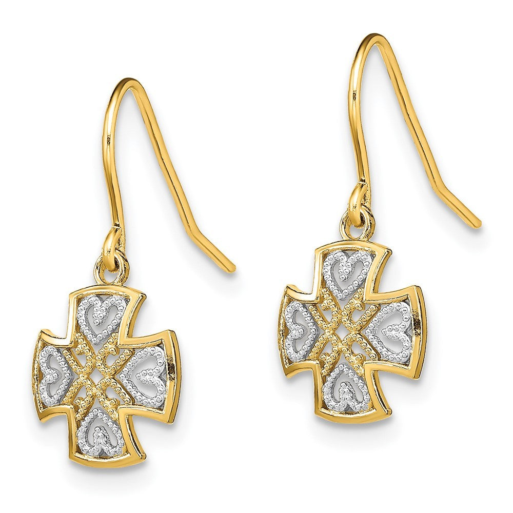 14k Yellow Gold and Rhodium Fancy Dangle Wire Earrings