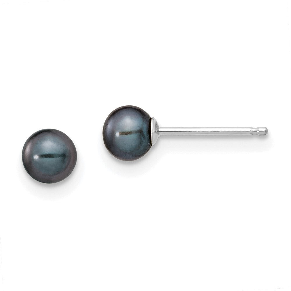 14k White Gold 4-5mm Black Round Freshwater Cultured Pearl Stud Earrings