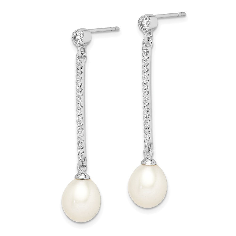Sterling Silver 8-9mm Rice Freshwater Cultured Pearl and CZ Dangle Earrings