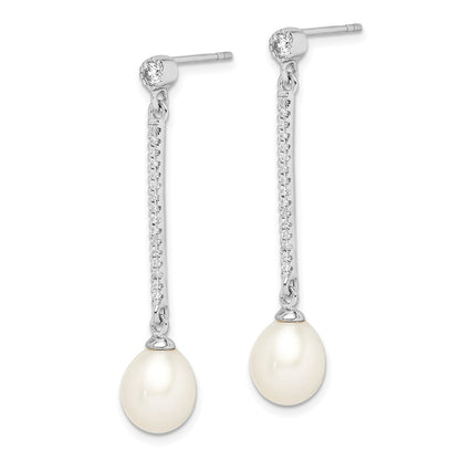 Sterling Silver 8-9mm Rice Freshwater Cultured Pearl and CZ Dangle Earrings