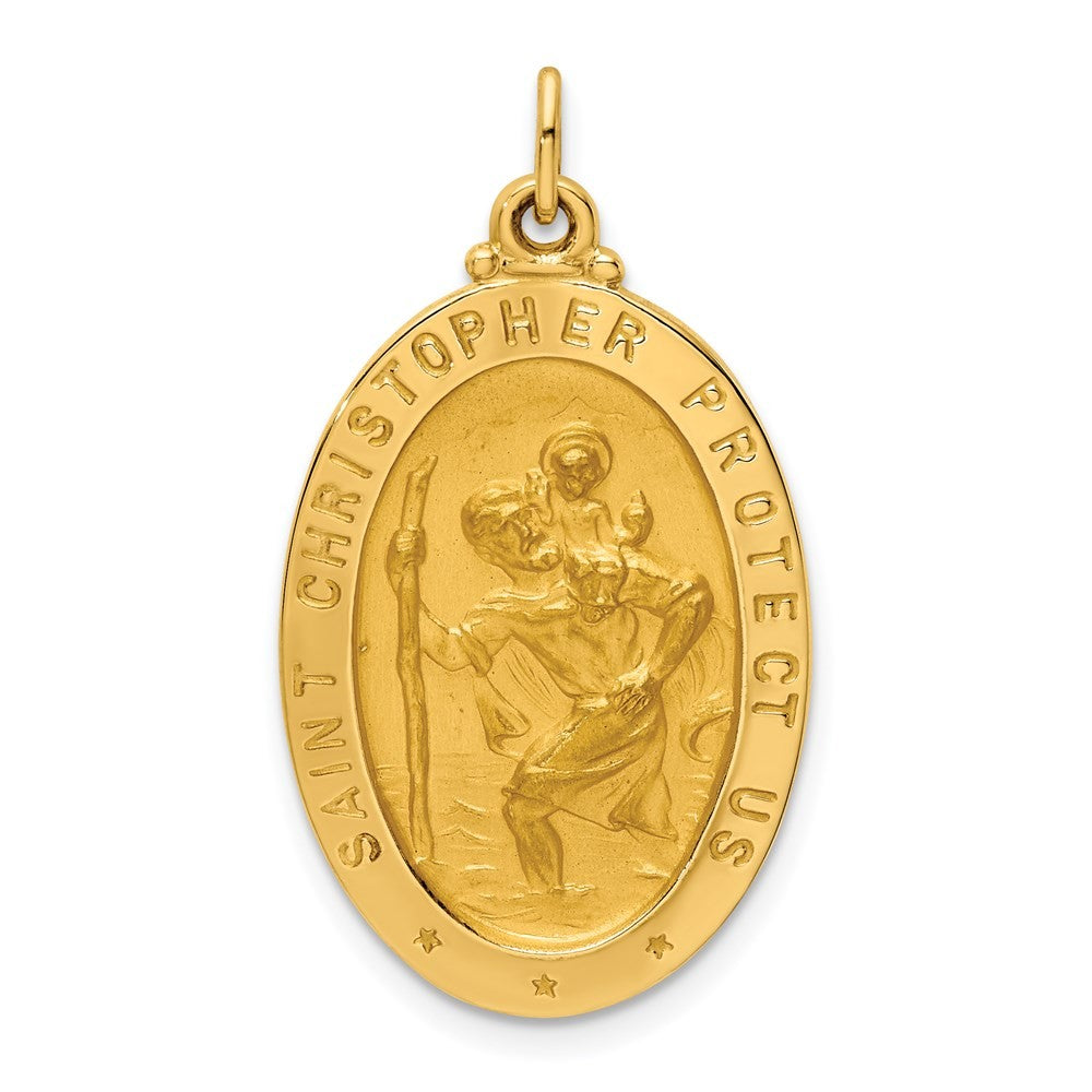 14k Yellow Gold Solid Polished Satin Medium Oval St. Christopher Medal