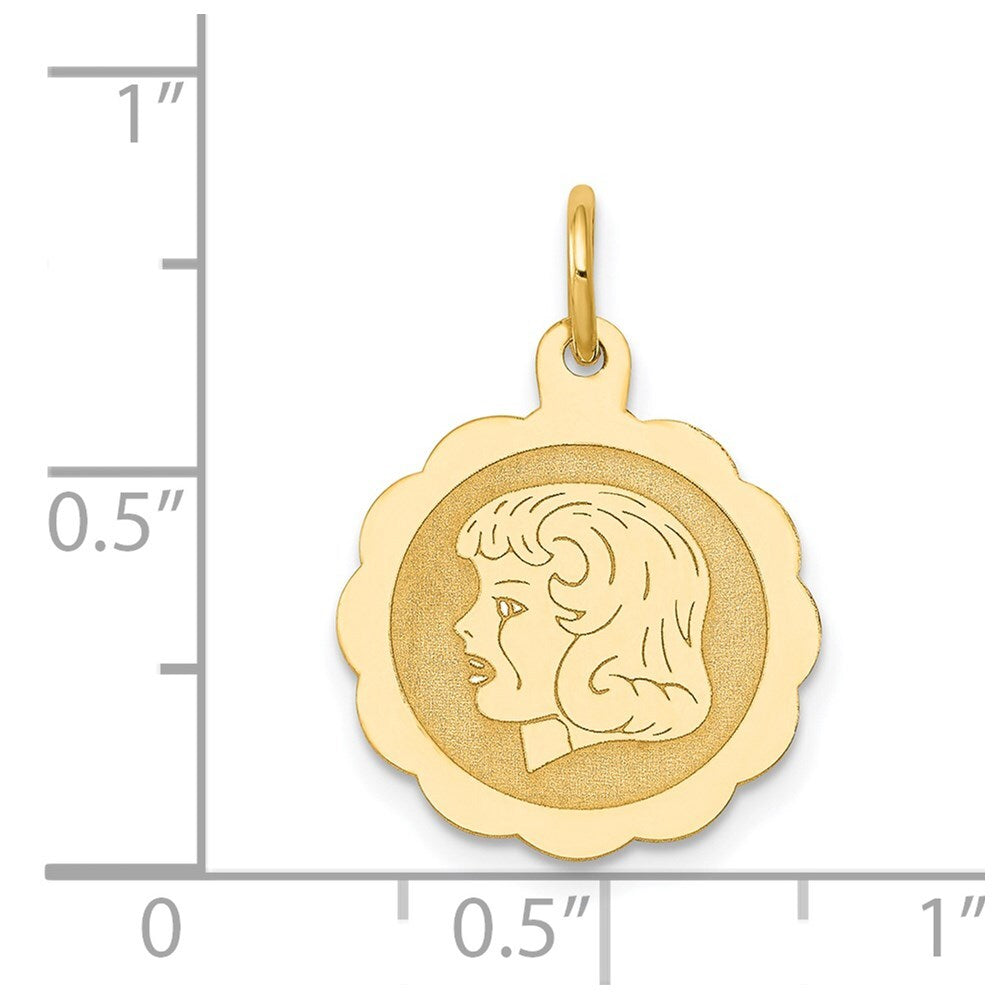 14k Yellow Gold Girl Head on .013 Gauge Engravable Scalloped Disc Charm Pendant