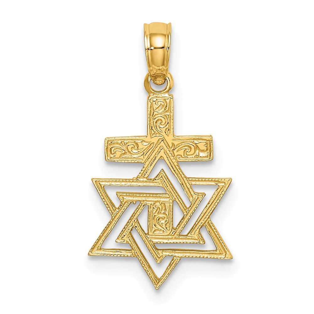 14k Yellow Gold Polished / Engraved Star Of David and Cross Charm Pendant