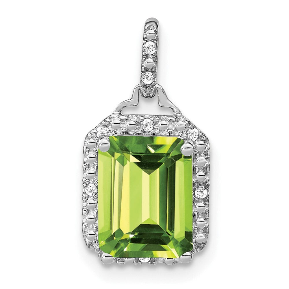 14k White Gold Emerald-cut Peridot and Diamond Halo Pendant for Women