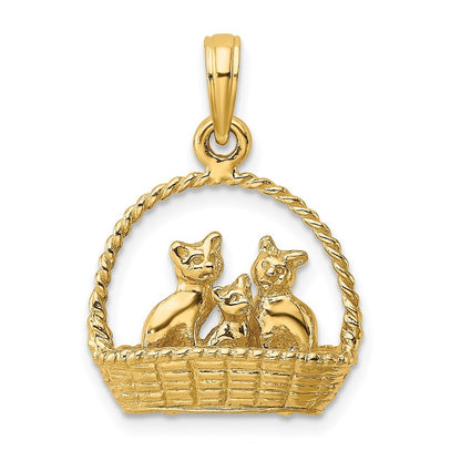 14k Yellow Gold 3-D Cats Inside Of Basket Charm Pendant for Women