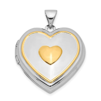 Sterling Silver Rhodium & Gold-plated Key Charm Inside 21mm Heart Locket