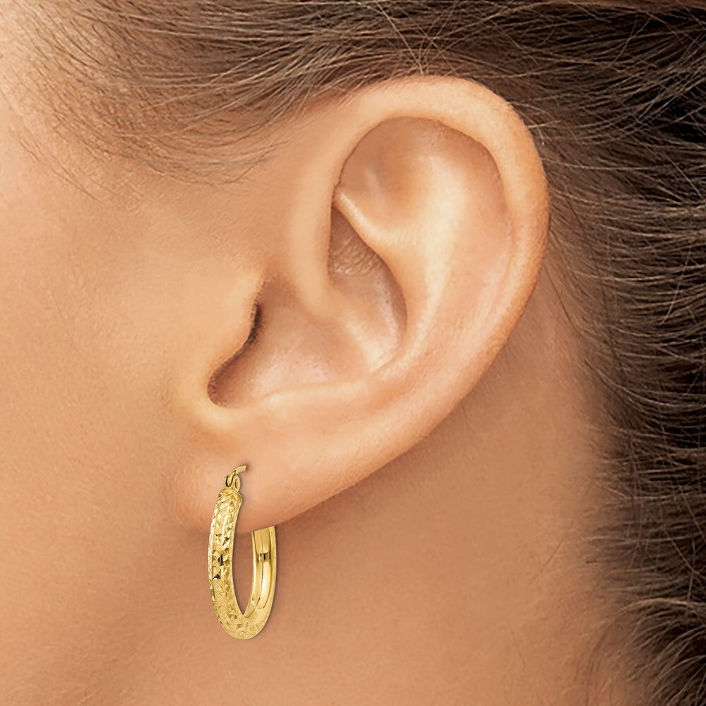 14k Yellow Gold Diamond-cut 3mm Round Hoop Earrings Gift for Women